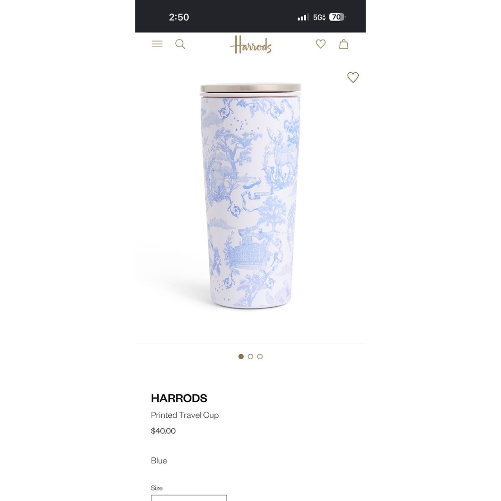 Harrods Upscale blue toile printed travel cup Mug Coffee Tea Luxury Upscale